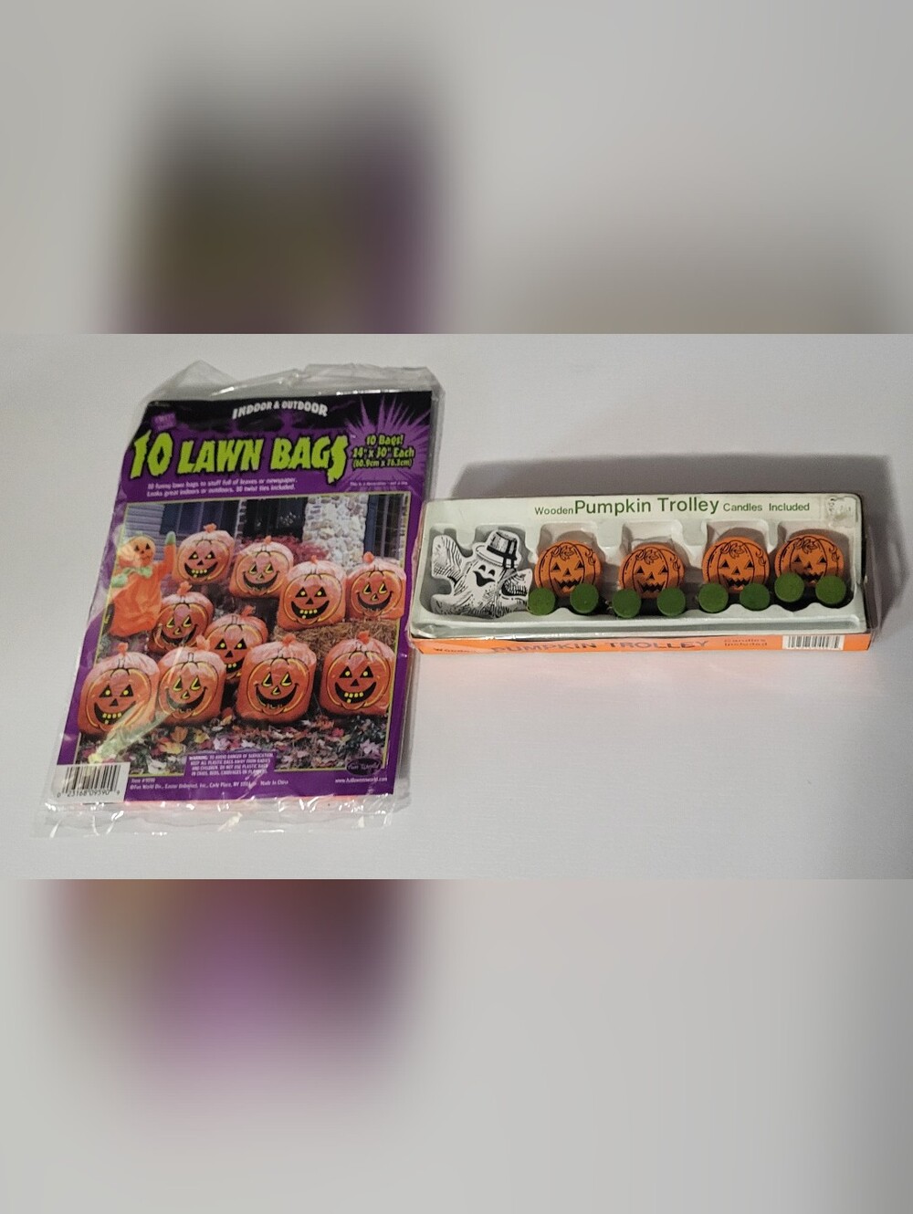 Vntg.Halloween Pumpkin Lawn Bags & Wooden Pumpkin Trolley Set